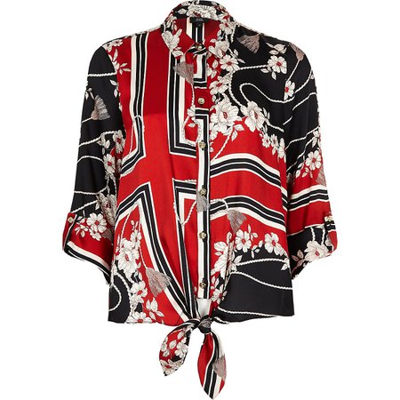 Red scarf print tie front shirt - Shirts - Tops - women