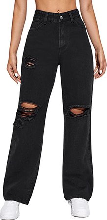 SweatyRocks Women's High Waist Slant Pocket Denim Jeans Ripped Straight Leg Pants Plain Black L at Amazon Women's Jeans store