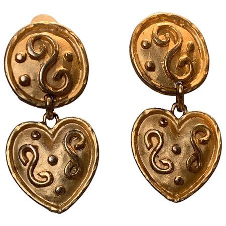 1980s Italian Gold-Tone Heart Drop Earrings W/ Etruscan-Inspired Relief Work For Sale at 1stDibs
