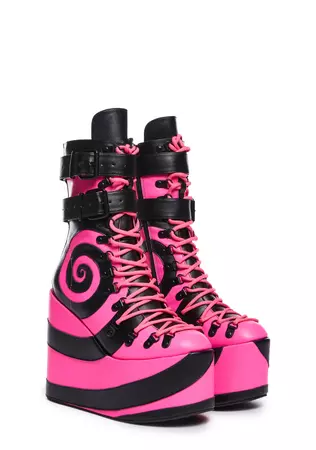 Club Exx Swirl Applique Platform Boots - Neon Pink/Black – Dolls Kill