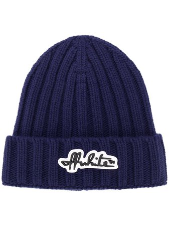 Shop blue Off-White logo-patch ribbed beanie with Express Delivery - Farfetch
