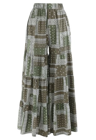 Paisley Tribal Wide-Leg Pants in Olive - Retro, Indie and Unique Fashion