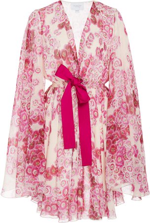 Bow-Detailed Printed Silk Mini Dress