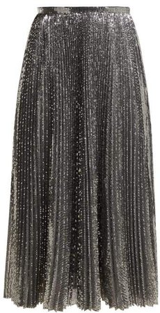 Sequinned Pleated Midi Skirt - Womens - Silver