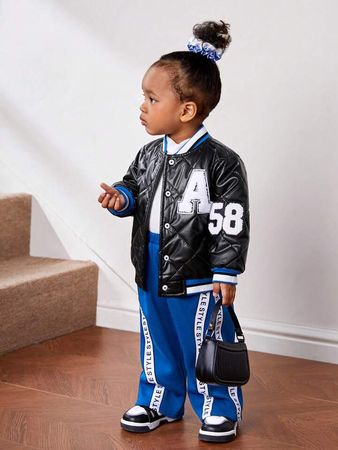SHEIN Baby Girls' Street Diamond Grid Plush Baseball Jacket And Letter Print Leggings Set | SHEIN USA