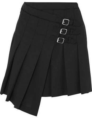 Wrap-effect Pleated Wool-twill Mini Skirt - Black