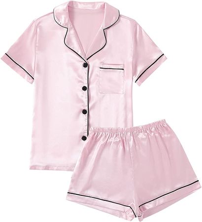 LYANER Women's Satin Pajamas Set Short Sleeve Button Shirt Silky Sleepwear with Shorts Set PJ Baby Pink Medium at Amazon Women’s Clothing store