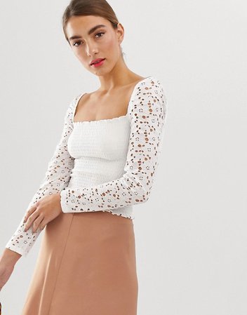 Stradivarius shirred square neck top with lace sleeves in white | ASOS