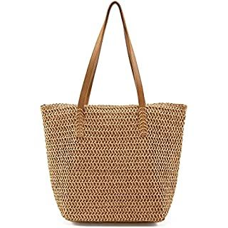 sancuanyi Summer Classic Straw Shoulder Bag, Large Beach Woven Tote Bag for Women, Personalised Shopping Bags with Zip and Pockets, Bohemian Handbags for Outdoor Travel Holiday (Brown & Beige): Amazon.co.uk: Fashion