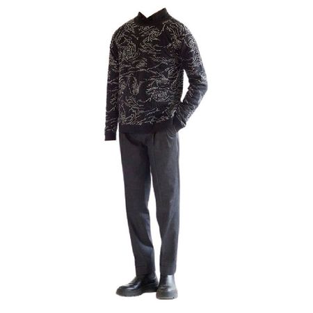 black graphic patterned sweater pants boots shoes full outfit png