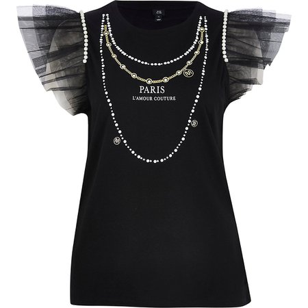 Black short sleeve 'Paris' necklace mesh tee | River Island