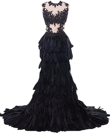 Heartgown Women's Sheer Lace Feather Ruffles Sweep Train Organza Gothic Wedding Dress Black US14 at Amazon Women’s Clothing store