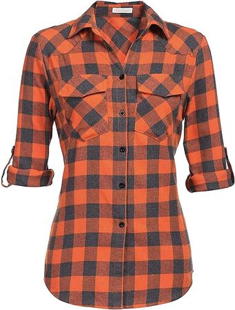 Genhoo Women's Roll Up Long Sleeve Tartan Plaid Collared Button Down Boyfriend Casual Flannel Shirt Top (Orange,L) at Amazon Women’s Clothing store