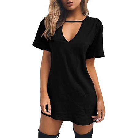 ZSIIBO Women's Casual T Shirt Dresses V Neck Long Tops Cute Juniors Mini Dresses (Black-01, S) at Amazon Women’s Clothing store: