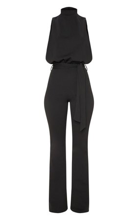 Black Scuba High Neck Tie Waist Jumpsuit | PrettyLittleThing