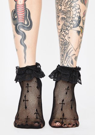 Cross Fishnet Lace Ruffle Ankle Socks - Black | Dolls Kill