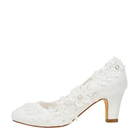 Women's Pumps Chunky Heel Silk Like Satin With Stitching Lace Flower Crystal Pearl Wedding Shoes (047128165) - Vbridal