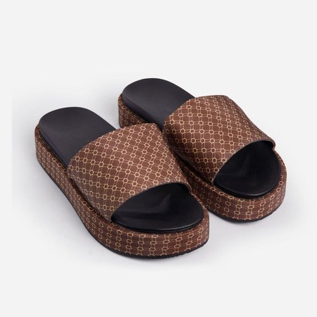 Hidden Hills Platform Flat Slider Sandal In Print Brown Fabric | EGO