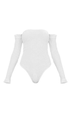 White Bardot Jersey Rib Frill Sleeve Thong Bodysuit | PrettyLittleThing USA