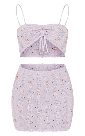 Lilac Embroidered Knitted Tie Front Skirt Set | PrettyLittleThing USA
