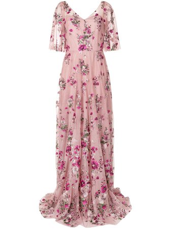 Marchesa Notte Floral Embroidered Glitter Tulle Gown - Farfetch