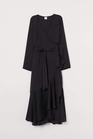 Flounced Wrap Dress - Black