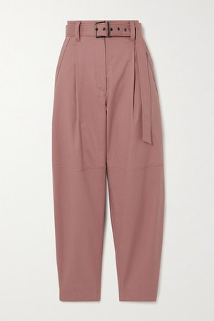 Belted Pleated Cotton-drill Straight-leg Pants - Pink