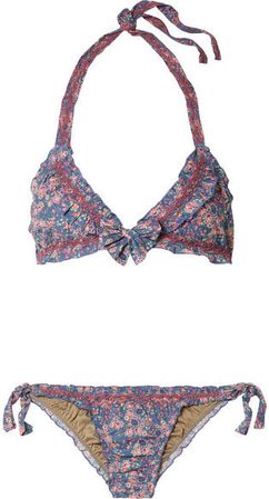Bria Crochet-trimmed Floral-print Cotton Bikini - Blue