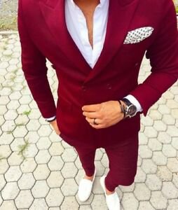 Fashion Men's Wine Red Groom Tuxedo Suit Dinner Casual Party Prom Suit