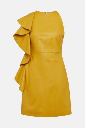 Leather Waterfall Detail Mini Dress | Karen Millen