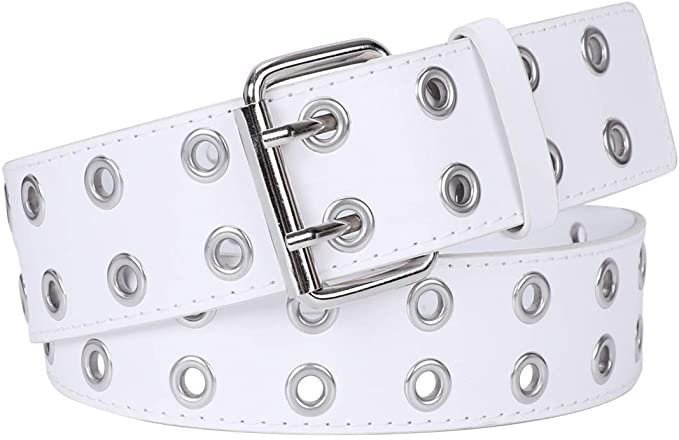WERFORU Double Grommet Belt PU Leather Double Punk Belt Buckle for Women Jeans Pants Dresses (White, suit for pant below 40"): Amazon.co.uk: Clothing