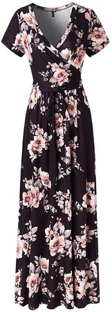 Lrady Women's Casual Floral Print Wrap Waist Bow Belt A-line Long Maxi Dress at Amazon Women’s Clothing store