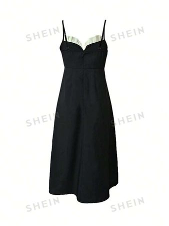 Women's Summer Black And White Splice V-Neck Spaghetti Strap Maxi Dress With Side Slit | SHEIN