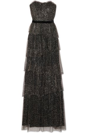 Marchesa Notte | Strapless tiered velvet-trimmed glittered tulle gown | NET-A-PORTER.COM