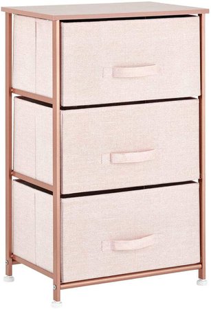 Amazon.com: mDesign Vertical Dresser Storage Tower - Sturdy Steel Frame, Wood Top, Easy Pull Fabric Bins - Organizer Unit for Bedroom, Hallway, Entryway, Closets - Textured Print, 3 Drawers - Light Pink/Rose Gold: Home & Kitchen