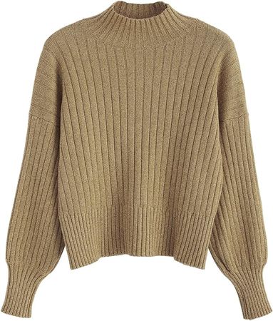 ZAFUL Women's Mock Neck Sweater Long Sleeve Ribbed Knit Basic Cropped Pullover Sweater (2-Khaki) at Amazon Women’s Clothing store