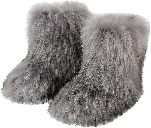 Amazon.com | BININBOX Faux Fur Boots for Women Fuzzy Fluffy Furry Round Toe Suede Winter Comfy Plush Warm Short Snow Bootie Flat Shoes Mid-Calf Boots Outdoor Indoor(7 B(M) US,Light Blue) | Shoes