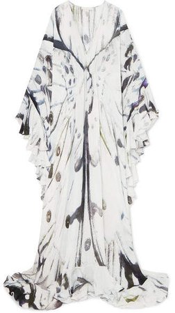 Ruffled Printed Silk-chiffon Gown - White
