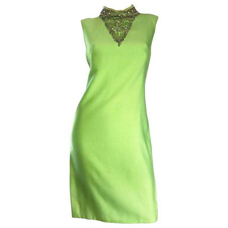 1960s Lime Green Vintage Beaded + Sequined 60s Bright Mod Shift Dress w/ Pearls For Sale at 1stdibs
