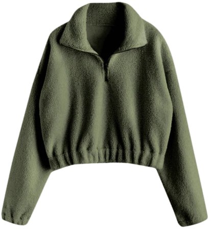 Zaful zip plain faux fur sweatshirt green