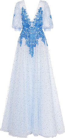 Costarellos Flocked Dot Tulle Dress With Lace Lining And Floral Appliq