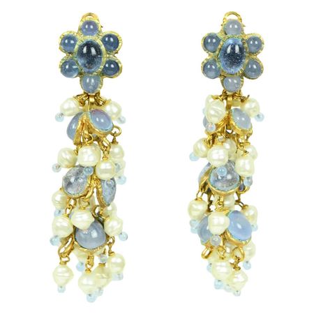 Chanel '90s Vintage Blue Gripoix and Faux Pearl Statement Earrings For Sale at 1stDibs