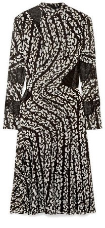 Studded Lace-paneled Printed Silk-blend Chiffon Midi Dress - Black