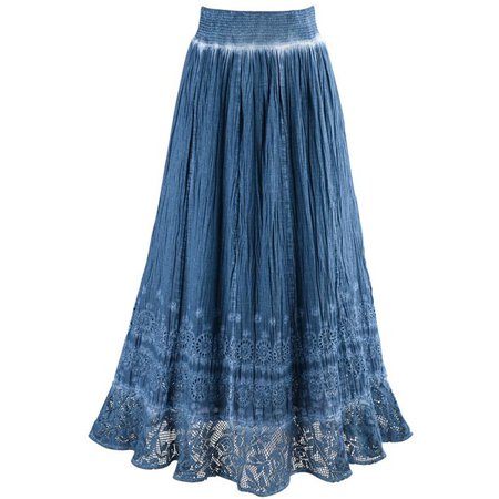 Women's Peasant Skirt - Indigo Blue Pigment Washed Crochet Hem Elastic Waist - Walmart.com