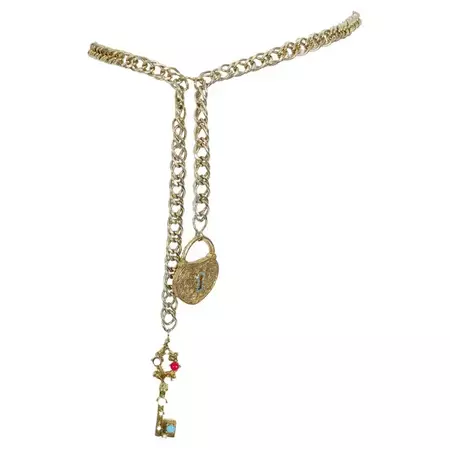 Pauline Rader Gold Lock and Key to My Heart Chain Belt Necklace – O/S, 1960s For Sale at 1stDibs | belt lock necklaces, double belts from the 80's, belt with lock and key