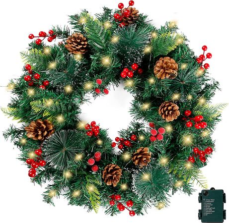 Amazon.com: Sggvecsy Christmas Wreath 20’’ for Front Door with 40 White Led Lights Pine Cones Red Berries Battery Operated Artificial Christmas Wreath for Home Outdoor Indoor Winter Xmas Wall Hanging Decoration : Home & Kitchen