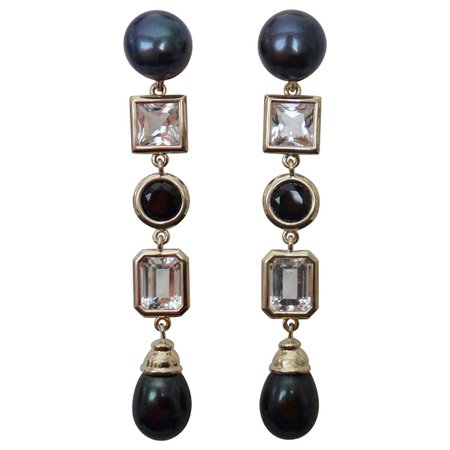 Michael Kneebone Black Pearl White Topaz Black Spinel Dangle Earrings For Sale at 1stDibs