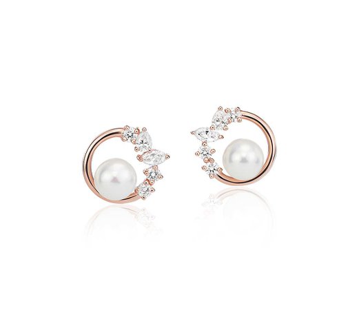 Freshwater Cultured Pearl and Mixed-Shape Diamond Earrings in 14k Rose Gold (5-6mm) | Blue Nile