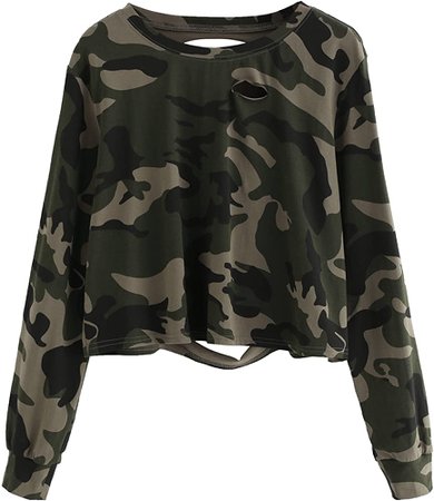 Amazon.com: SweatyRocks Women's Tshirt Camo Print Distressed Crop T-Shirt Long Sleeve Tops Camo #1 S: Clothing