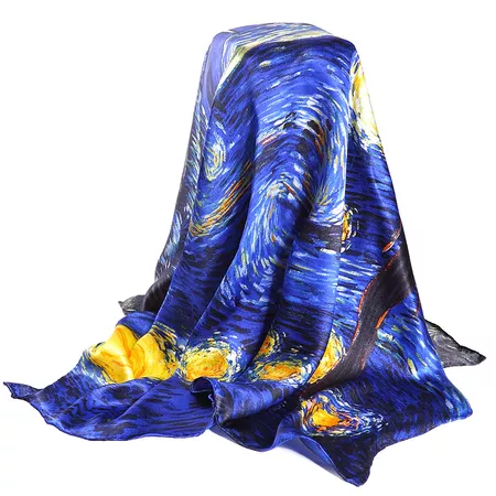 Темно синий 100% натуральный шелковый шарф для дам брендовые Дизайнерские шарфы Весна Осень Ван Гог Картина маслом квадратные шарфы обертывания 90*90 см купить на AliExpress